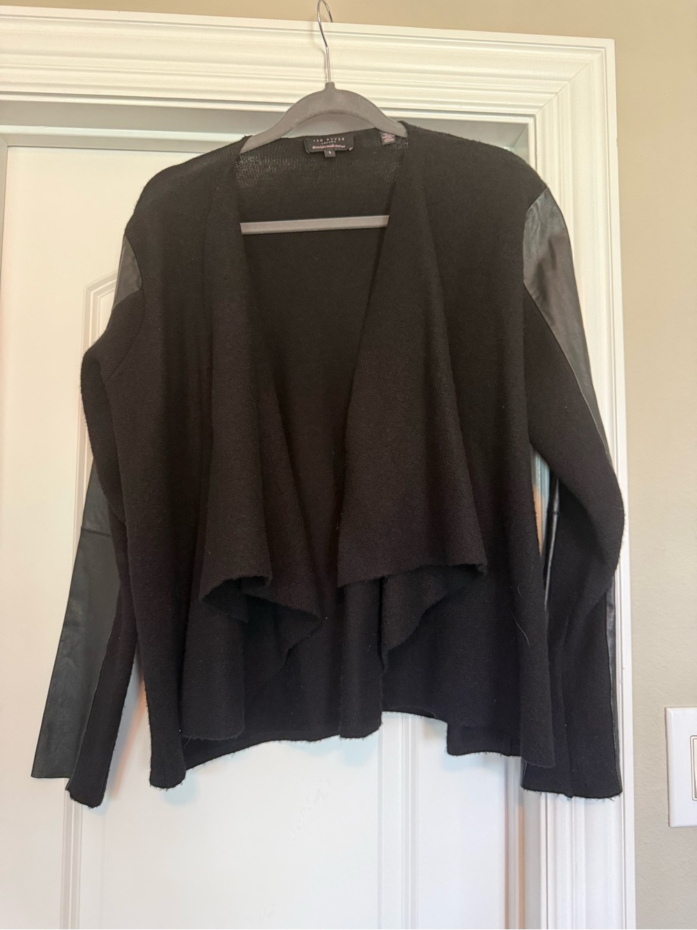 Ted Baker Black Draped Open-Front 100% wool Sweater w/leather trim